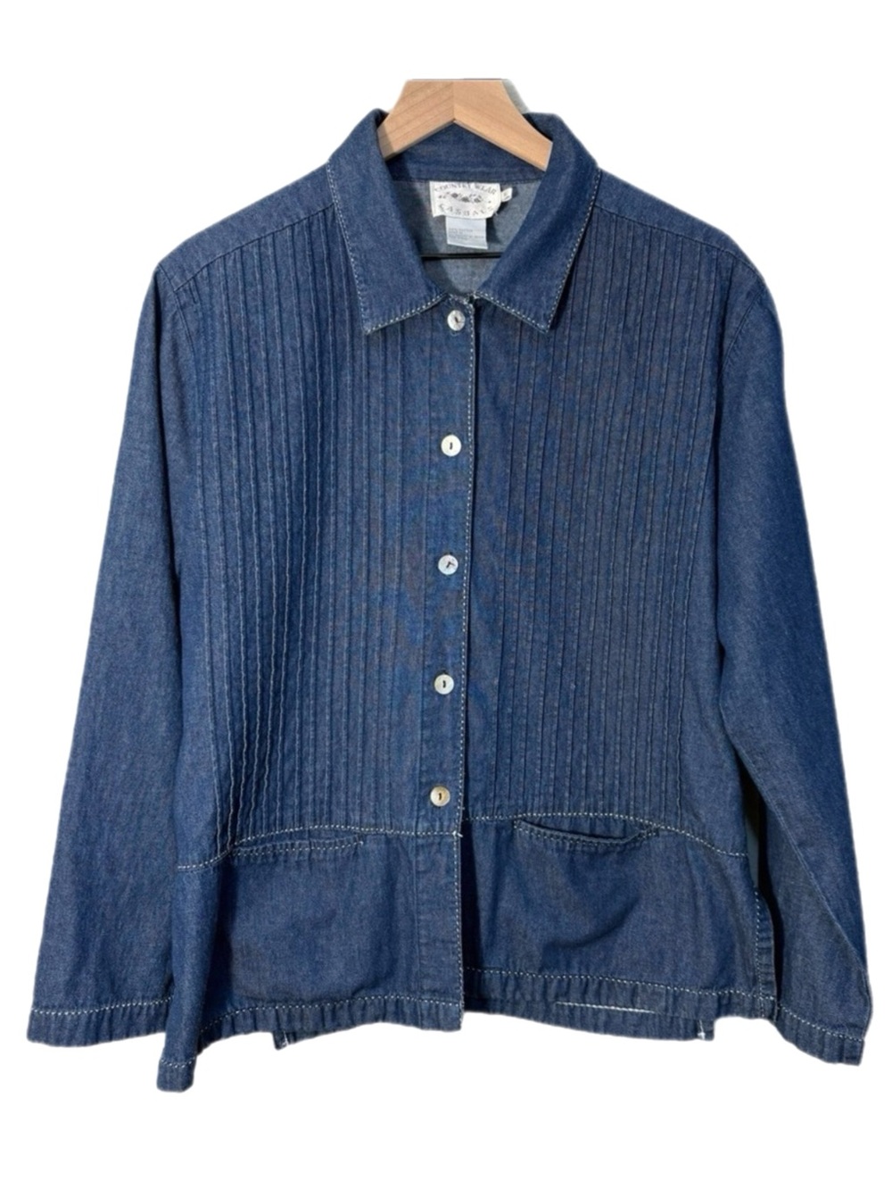 VTG Women's 100% Cotton Denim Button-Down Pockets Shacket Blue L Lagenlook